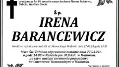 Zmarła Irena Barancewicz. Żyła 86 lat.