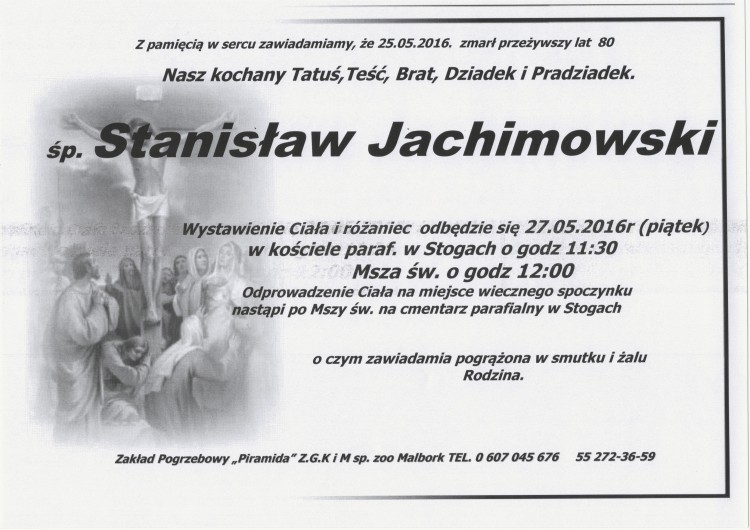 Zmarł Stanisław Jachimowski. Żył 80 lat.