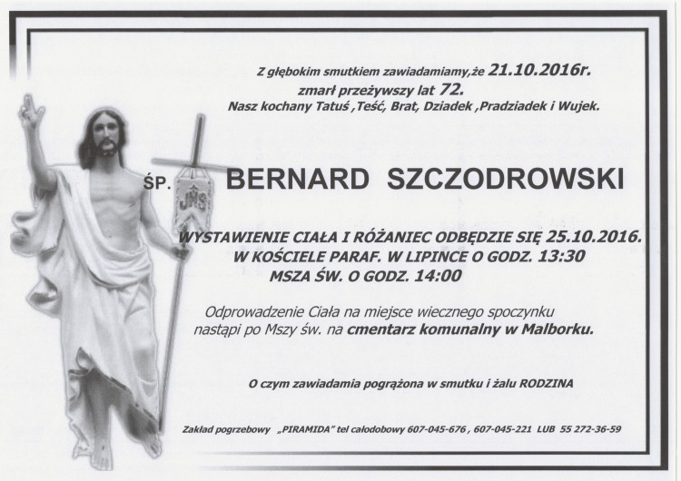 Zmarł Bernard Szczodrowski. Żył 72 lat.