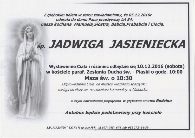 Zmarła Jadwiga Jasieniecka. Żyła 84 lata.