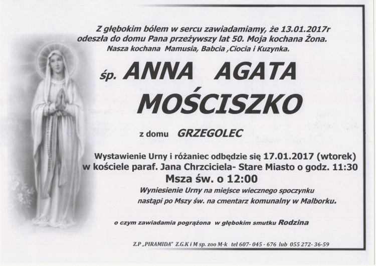 Zmarła Anna Agata Mościszko. Żyła 50 lat.