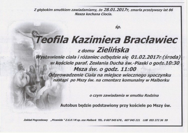 Zmarła Teofila Kazimiera Bracławiec. Żyła 86 lat.