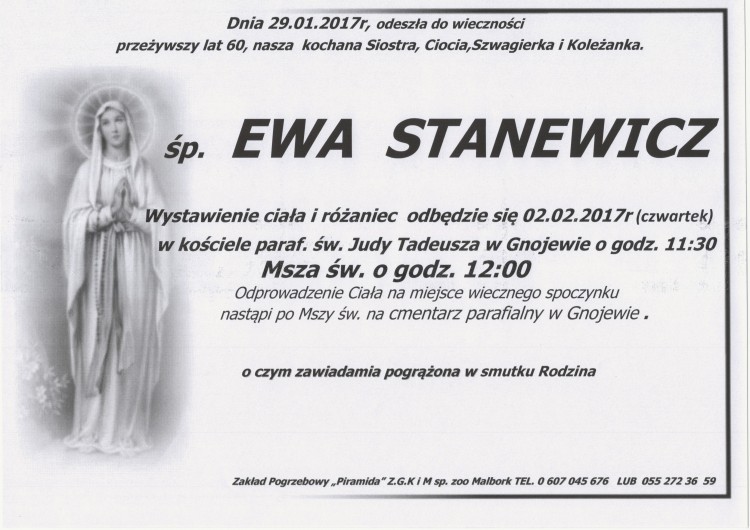 Zmarła Ewa Stanewicz. Żyła 60 lat.