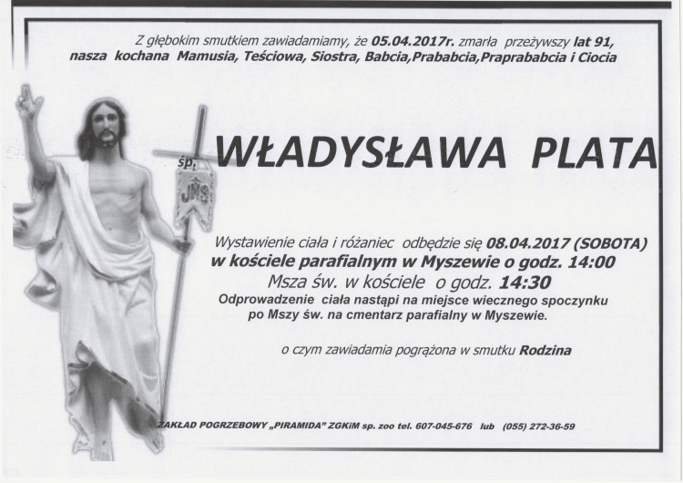 Zmarła Władysława Plata. Żyła 91 lat.