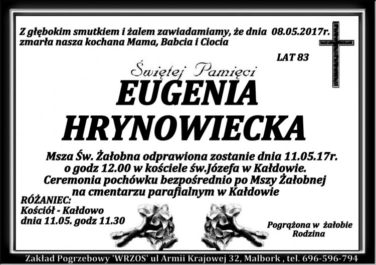 Zmarła Eugenia Hrynowiecka. Żyła 83 lata.