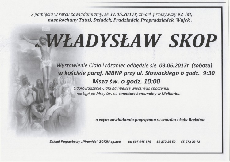 Zmarł Władysław Skop. Żył 92 lata.