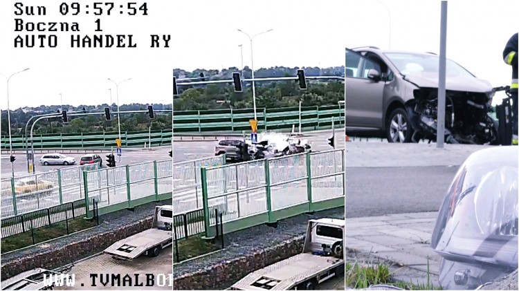 Po zderzeniu silnik przeleciał kilkadziesiąt metrów. 5 sekund wcześniej przez pasy przejechał rowerzysta. Wypadek w Malborku na skrzyżowaniu DK 22 i 55 - zobacz wideo – 10.09.2017