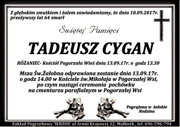 Zmarł Tadeusz Cygan. Żył 64 lat.