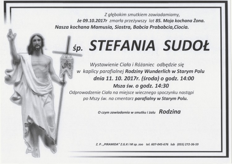 Zmarła Stefania Sudoł. Żyła 85 lat.