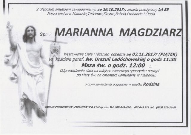 Zmarła Marianna Magdziarz. Żyła 85 lat.