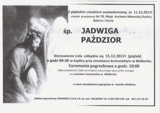 Zmarła Jadwiga Paździor. Żyła 78 lat