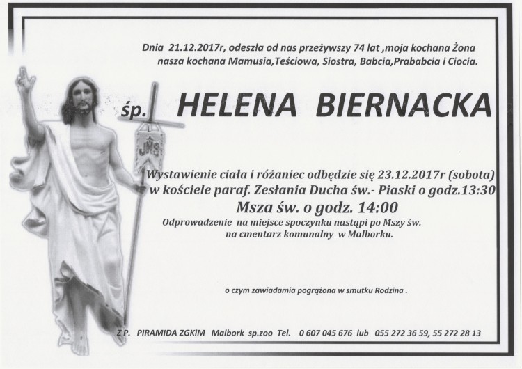 Zmarła Helena Biernacka. Żyła 74 lata.