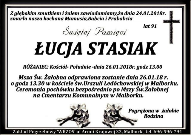 Zmarła Łucja Stasiak. Żyła 91 lat.