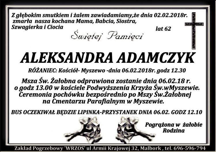 Zmarła Aleksandra Adamczyk. Żyła 62 lata.