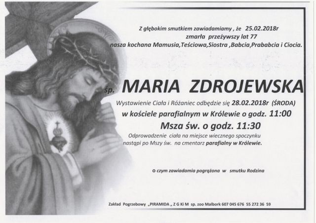 Zmarła Maria Zdrojewska. Żyła 77 lat.