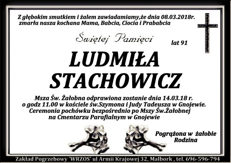 Zmarła Ludmiła Stachowicz. Żyła 91 lat.