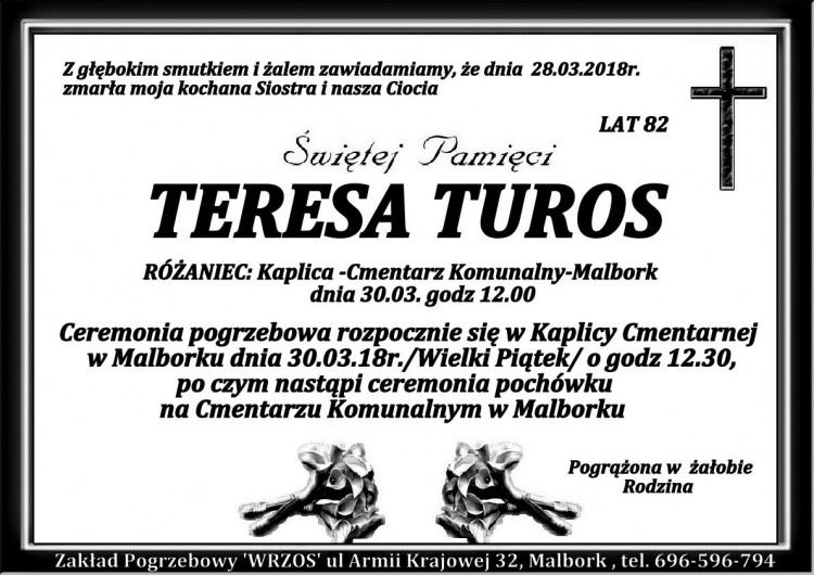 Zmarła Teresa Turos. Żyła 82 lata.