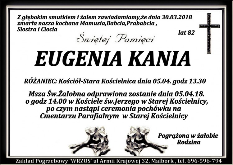 Zmarła Eugenia Kania. Żyła 82 lata.