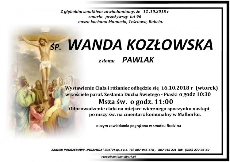 Zmarła Wanda Kozłowska. Żyła 96 lat.