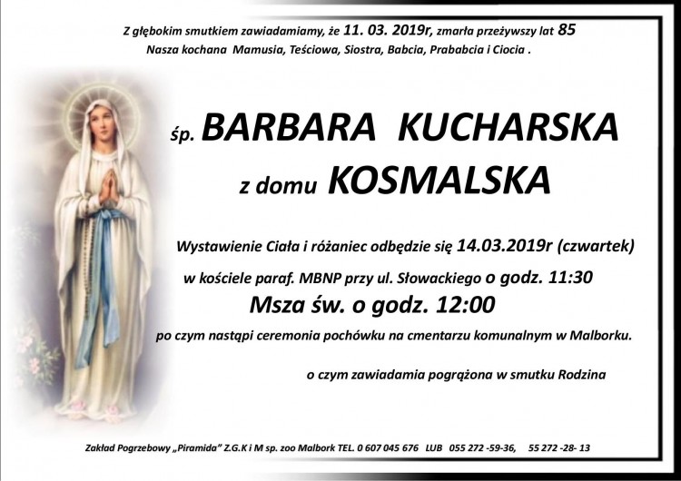 Zmarła Barbara Kucharska. Żyła 85 lat.