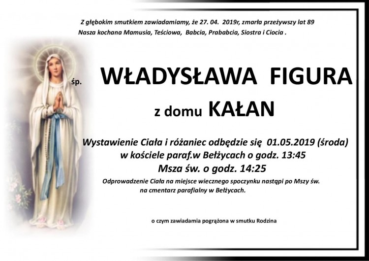 Zmarła Władysława Figura. Żyła 89 lat.