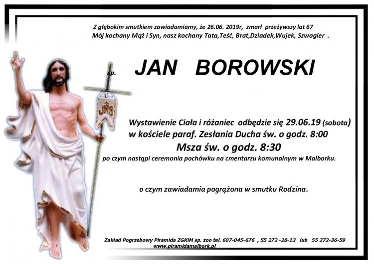 Zmarł Jan Borowski. Żył 67 lat.