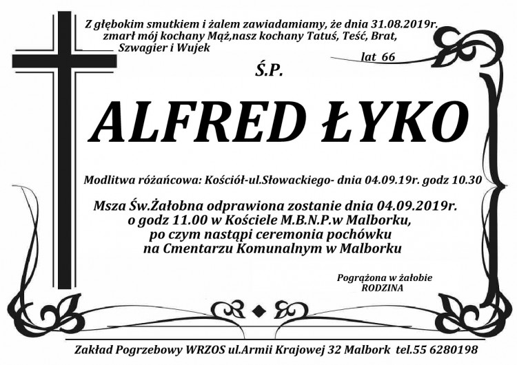 Zmarł Alfred Łyko. Żył 66 lat.