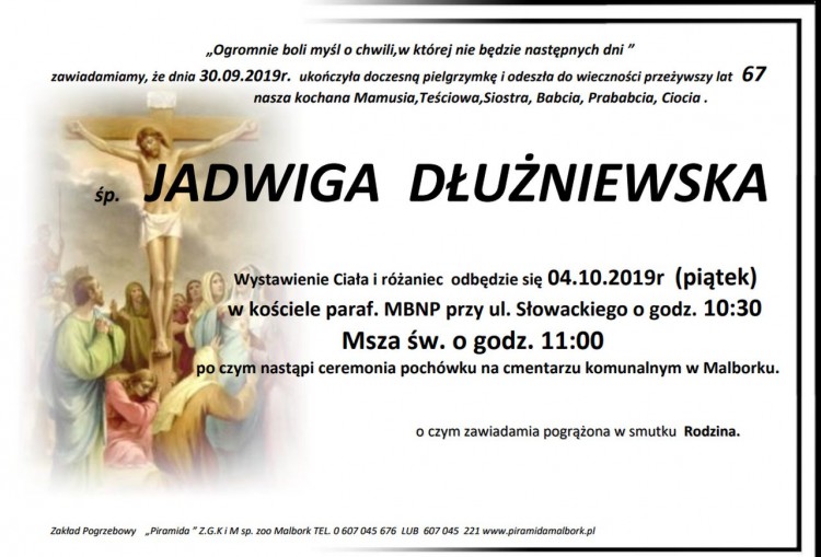 Zmarła Jadwiga Dłużniewska. Żyła 67 lat.