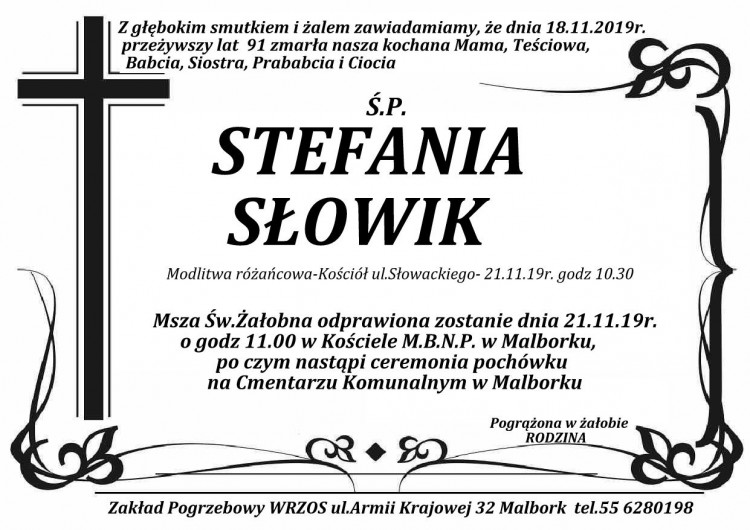 Zmarła Stefania Słowik. Żyła 91 lat.