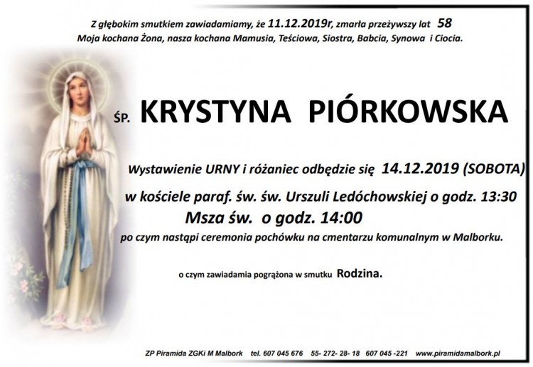 Zmarła Krystyna Piórkowska. Żyła 58 lat.