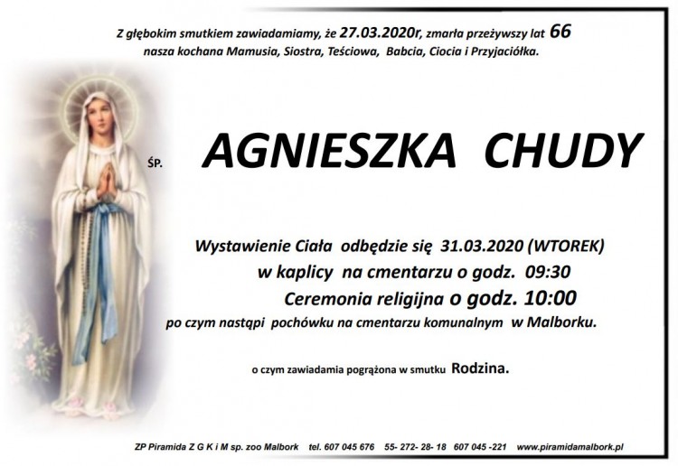 Zmarła Agnieszka Chudy. Żyła 66 lat.