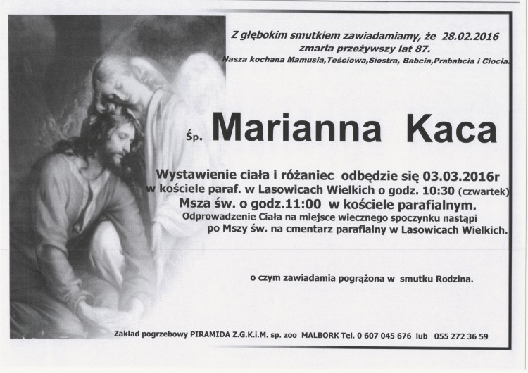 Zmarła Marianna Kaca. Żyła 87 lat.