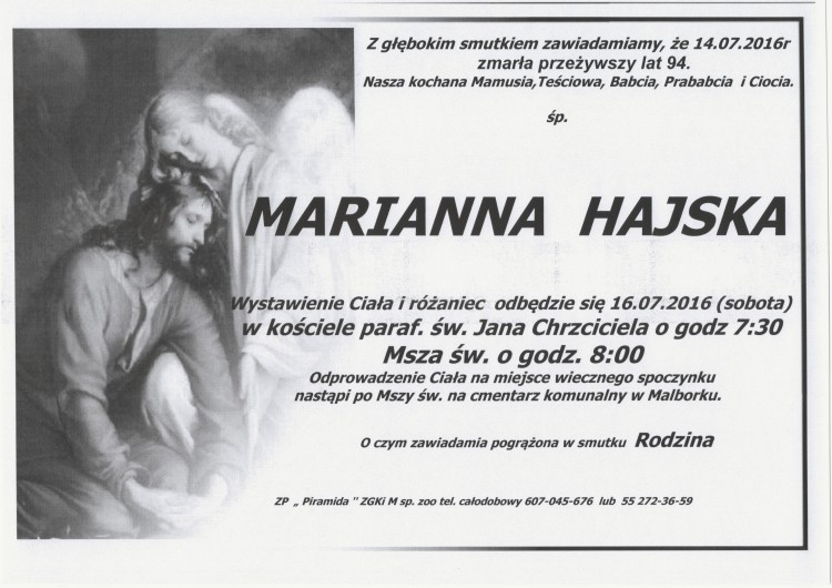 Zmarła Marianna Hajska. Żyła 94 lata. 