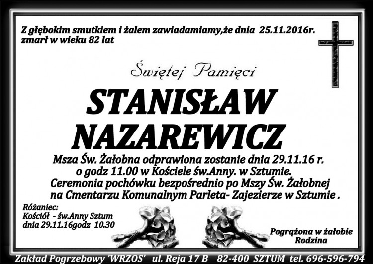 Zmarł Stanisław Nazarewicz. Żył 82 lata.