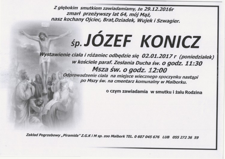 Zmarł Józef Konicz. Żył 64 lata.