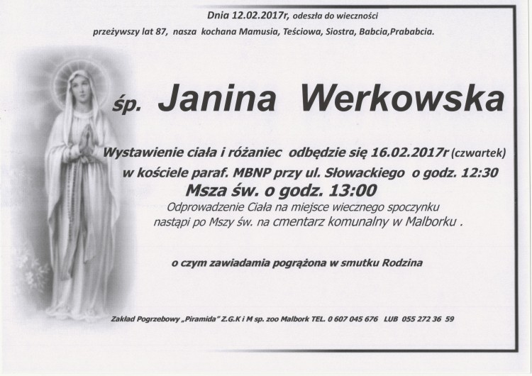 Zmarła Janina Werkowska. Żyła 87 lat.