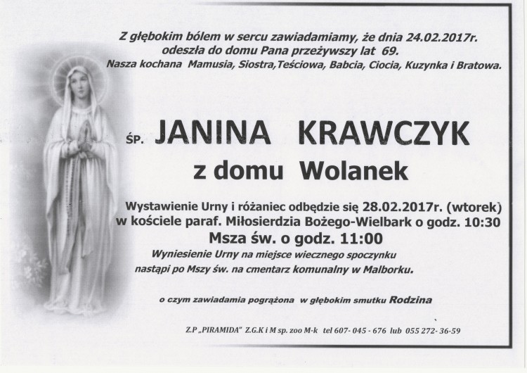 Zmarła Janina Krawczyk. Żyła 69 lat.