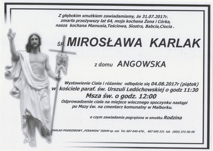 Zmarła Mirosława Karlak. Żyła 64 lata.