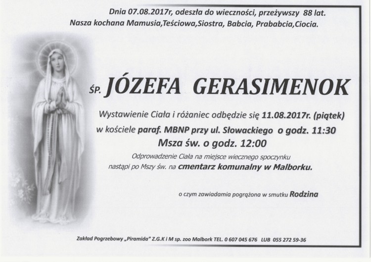 Zmarła Józefa Gerasimenok. Żyła 88 lat.