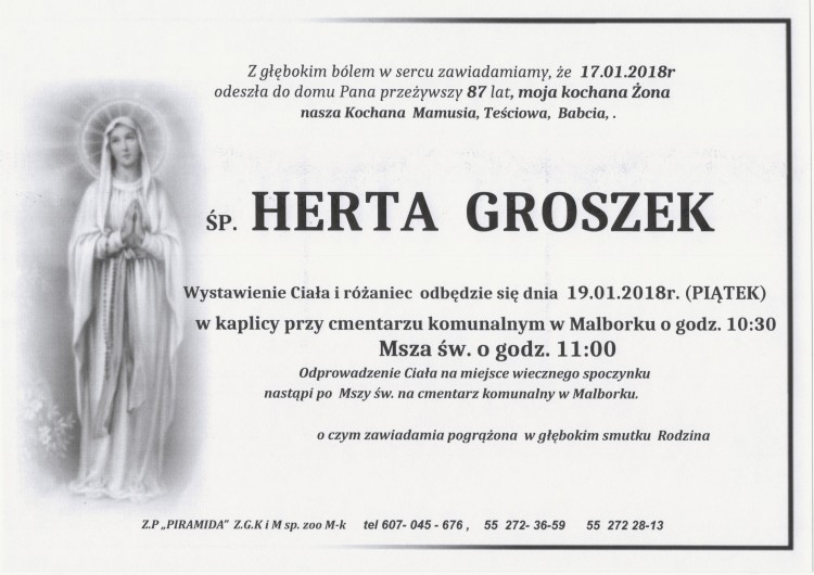 Zmarła Herta Groszek. Żyła 87 lat.