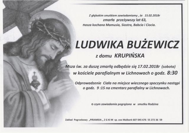 Zmarła Ludwika Bużewicz. Żyła 63 lat.