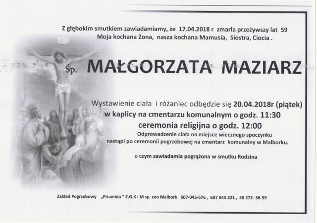 Zmarła Małgorzata Maziarz. Żyła 59 lat.