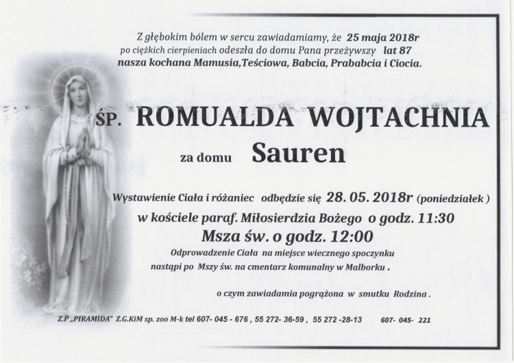 Zmarła Romualda Wojtachnia. Żyła 87 lat.