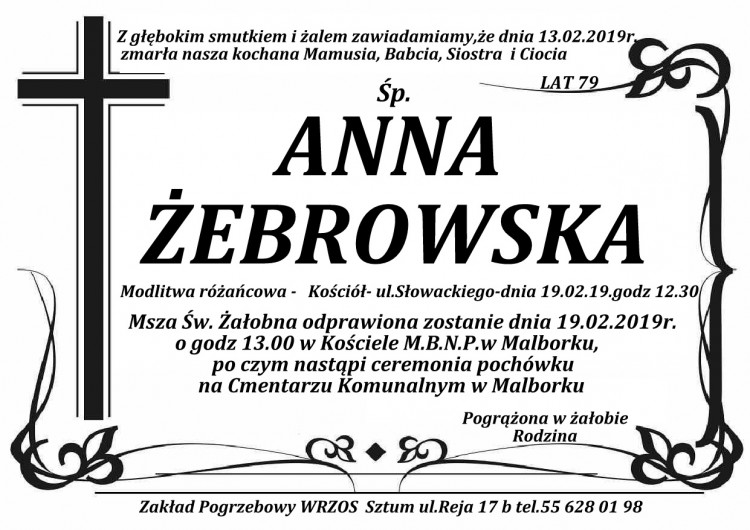 Zmarła Anna Żebrowska. Żyła 79 lat.