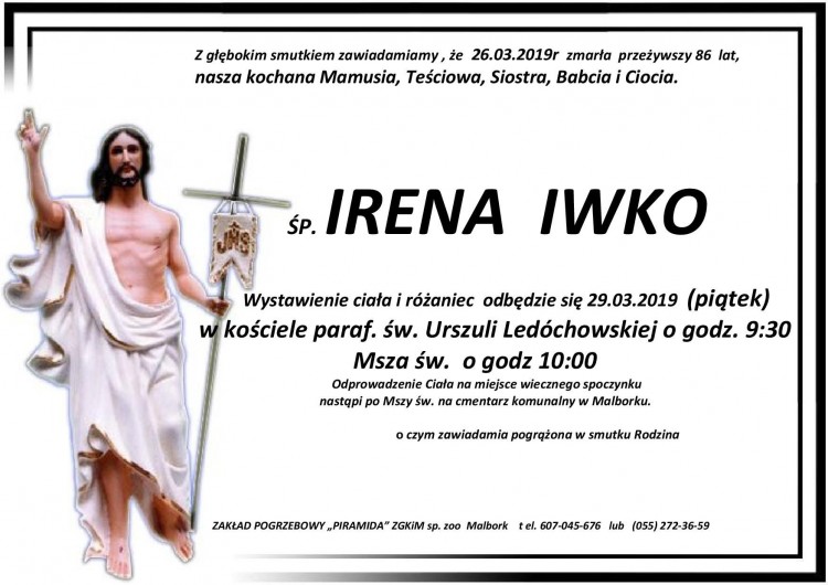 Zmarła Irena Iwko. Żyła 86 lat.