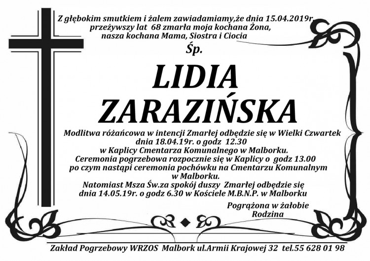 Zmarła Lidia Zarazińska. Żyła 68 lat.