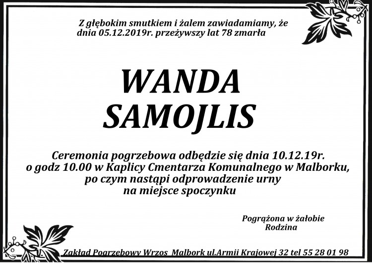 Zmarła Wanda Samojlis. Żyła 78 lat.