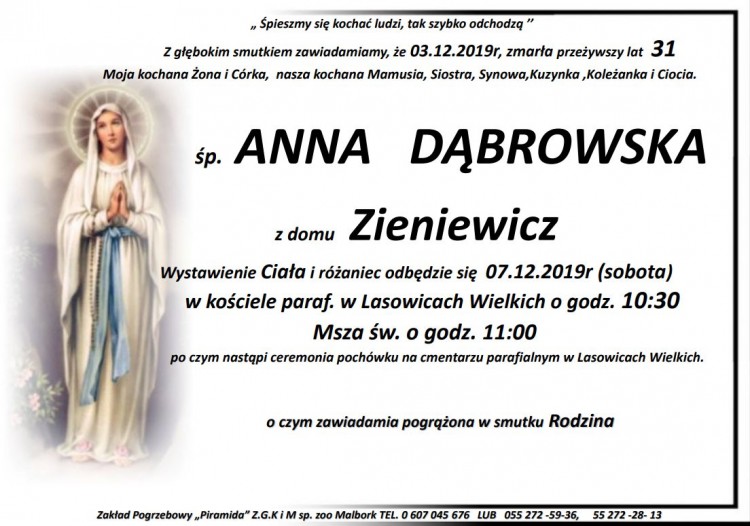 Zmarła Anna Dąbrowska. Żyła 31 lat.
