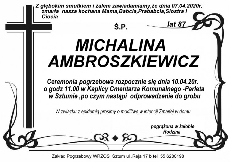 Zmarła Michalina Ambroszkiewicz. Żyła 87 lat.