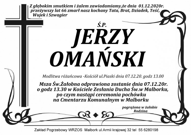 Zmarł Jerzy Omański. Żył 66 lat.